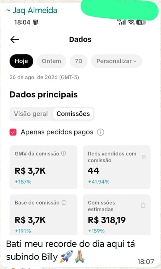 Jaqueline mostra o painel de 26/08/2026 com 44 itens vendidos e R$ 318,19 em comissões estimadas e comemora seu recorde do dia.