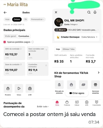 Maria Rita compartilha dois painéis de vendas no WhatsApp e escreve: Comecei a postar ontem já saiu venda.